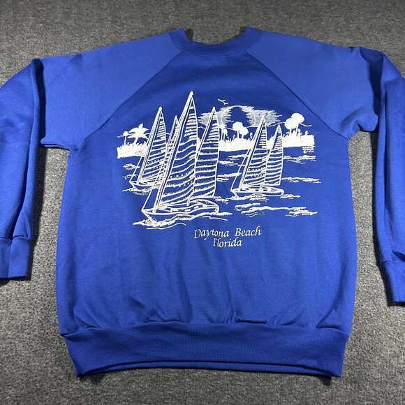 Vintage Vaurnet France 90s Made in USA M Crew Neck Sweater Blue Daytona Beach - Picture 1 of 10